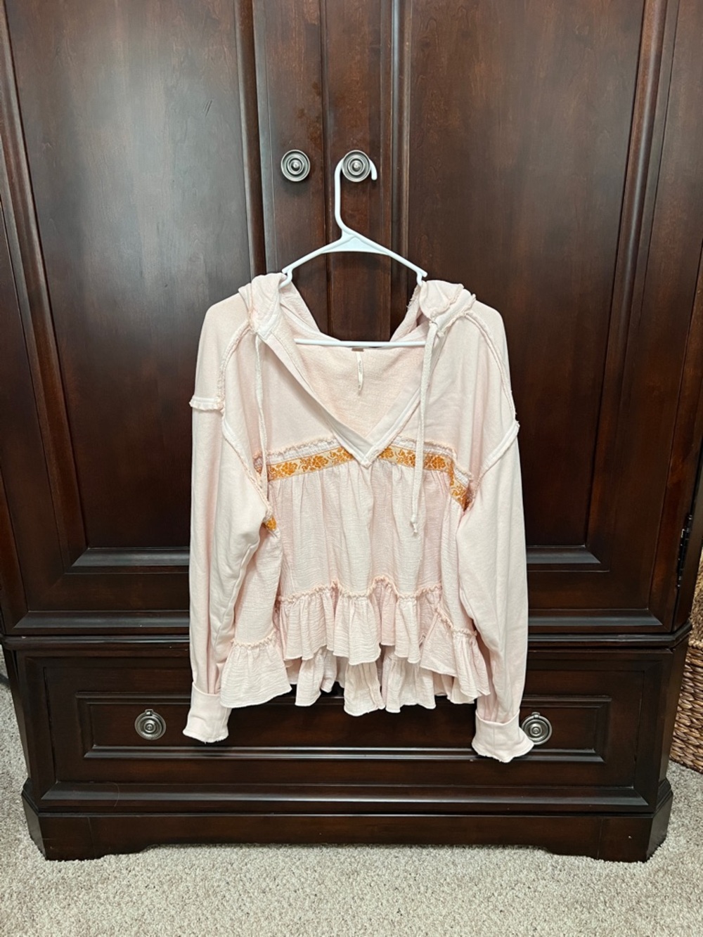 Free People Light Pink Ruffle Hoodie Top with Embroidered Trim